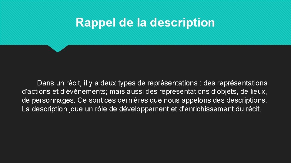 Rappel de la description Dans un récit, il y a deux types de représentations