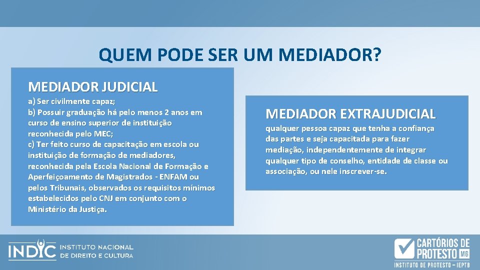 QUEM PODE SER UM MEDIADOR? MEDIADOR JUDICIAL a) Ser civilmente capaz; b) Possuir graduação