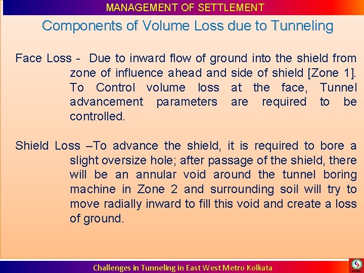 MANAGEMENT OF SETTLEMENT Components of Volume Loss due to Tunneling Face Loss - Due MANAGEMENT OF SETTLEMENT Components of Volume Loss due to Tunneling Face Loss - Due