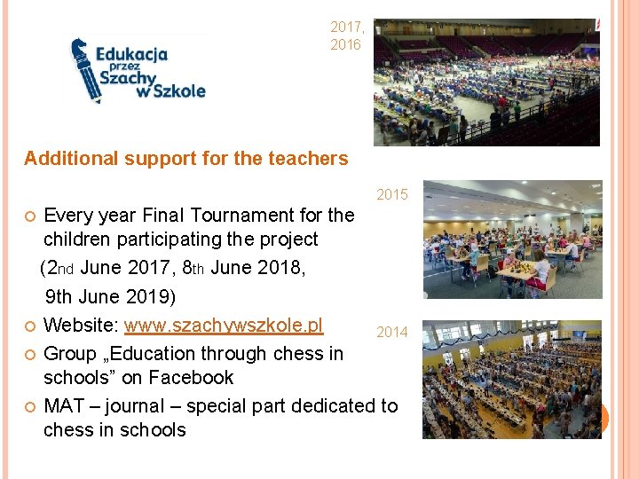 2017, 2016 Additional support for the teachers 2015 Every year Final Tournament for the