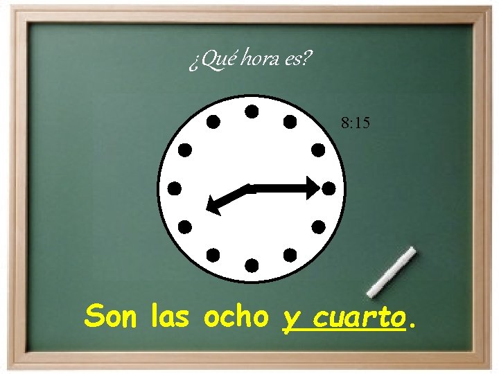 ¿Qué hora es? 8: 15 Son las ocho y cuarto. 