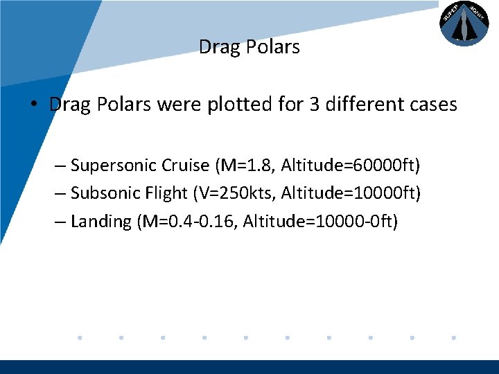 Company LOGO Drag Polars • Drag Polars were plotted for 3 different cases –