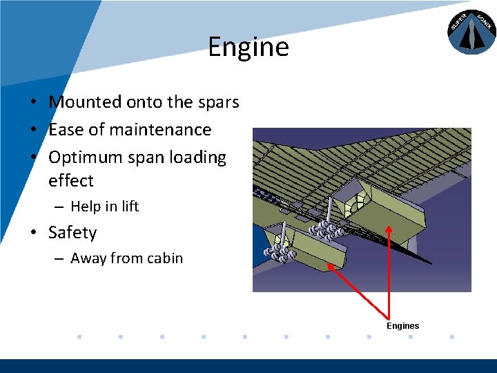 Company LOGO Engine • Mounted onto the spars • Ease of maintenance • Optimum