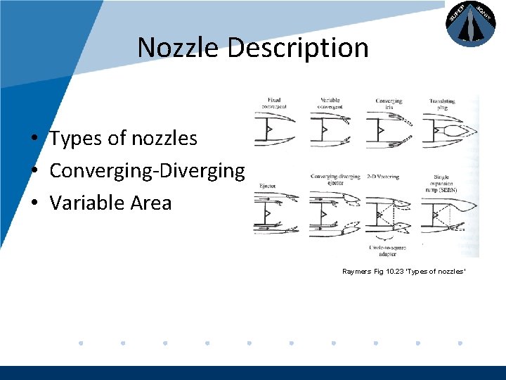 Company LOGO Nozzle Description • Types of nozzles • Converging-Diverging • Variable Area Raymers