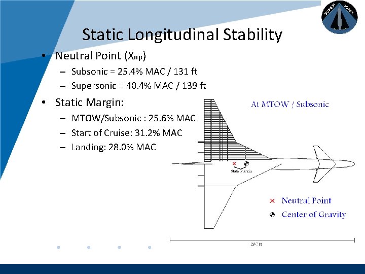 Company LOGO Static Longitudinal Stability • Neutral Point (Xnp) – Subsonic = 25. 4%