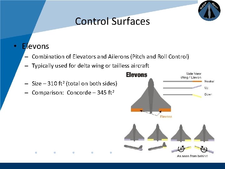 Company LOGO Control Surfaces • Elevons – Combination of Elevators and Ailerons (Pitch and