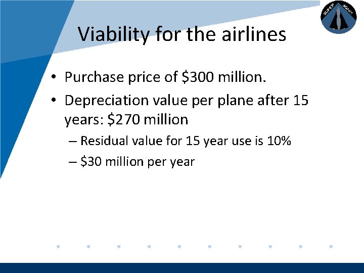 Company LOGO Viability for the airlines • Purchase price of $300 million. • Depreciation