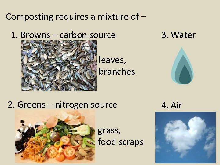 Composting requires a mixture of – 1. Browns – carbon source 3. Water leaves,