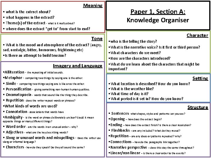 Meaning § what is the extract about? § what happens in the extract? §
