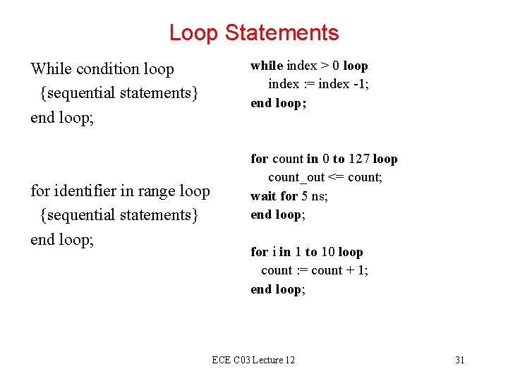 Loop Statements While condition loop {sequential statements} end loop; for identifier in range loop