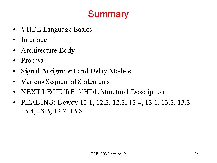 Summary • • VHDL Language Basics Interface Architecture Body Process Signal Assignment and Delay