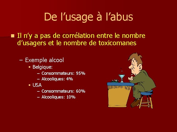 De l’usage à l’abus n Il n’y a pas de corrélation entre le nombre