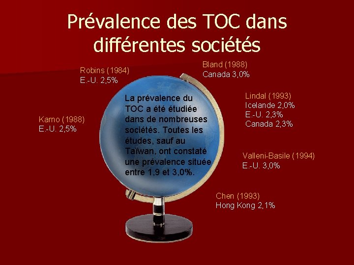 Prévalence des TOC dans différentes sociétés Robins (1984) E. -U. 2, 5% Karno (1988)