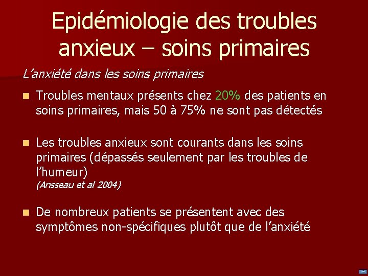 Epidémiologie des troubles anxieux – soins primaires L’anxiété dans les soins primaires n Troubles