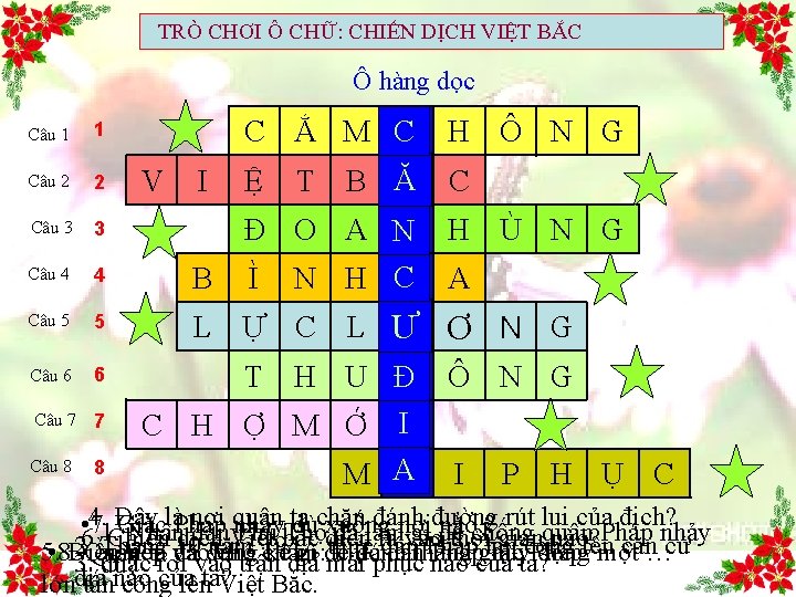 TRÒ CHƠI Ô CHỮ: CHIẾN DỊCH VIỆT BẮC Ô hàng dọc Câu 1 1