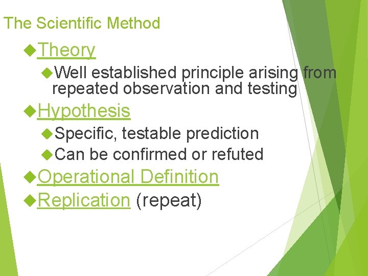 The Scientific Method Theory Well established principle arising from repeated observation and testing Hypothesis The Scientific Method Theory Well established principle arising from repeated observation and testing Hypothesis