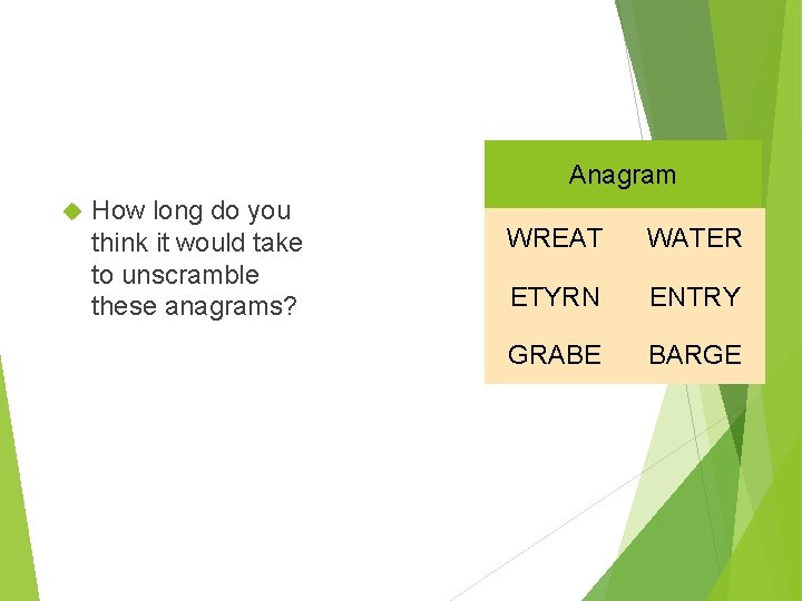 Anagram How long do you think it would take to unscramble these anagrams? WREAT Anagram How long do you think it would take to unscramble these anagrams? WREAT