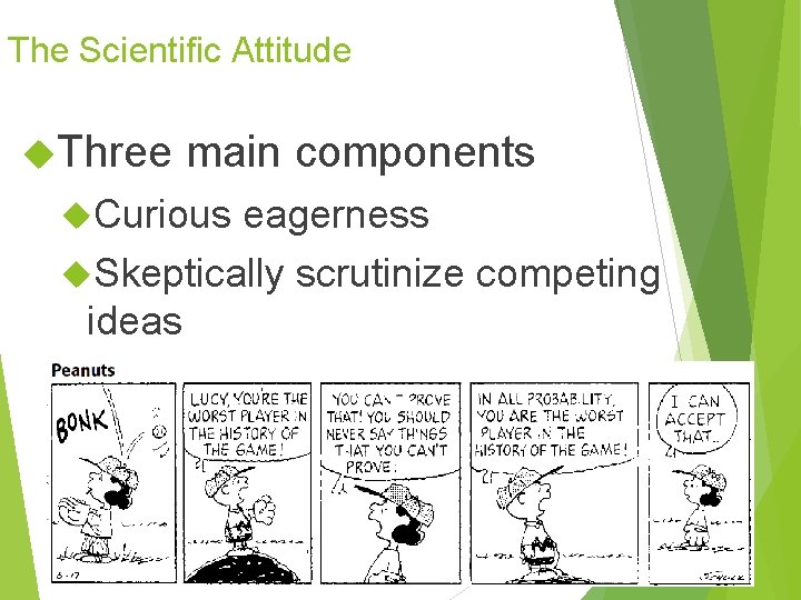 The Scientific Attitude Three main components Curious eagerness Skeptically scrutinize competing ideas Open-minded humility The Scientific Attitude Three main components Curious eagerness Skeptically scrutinize competing ideas Open-minded humility