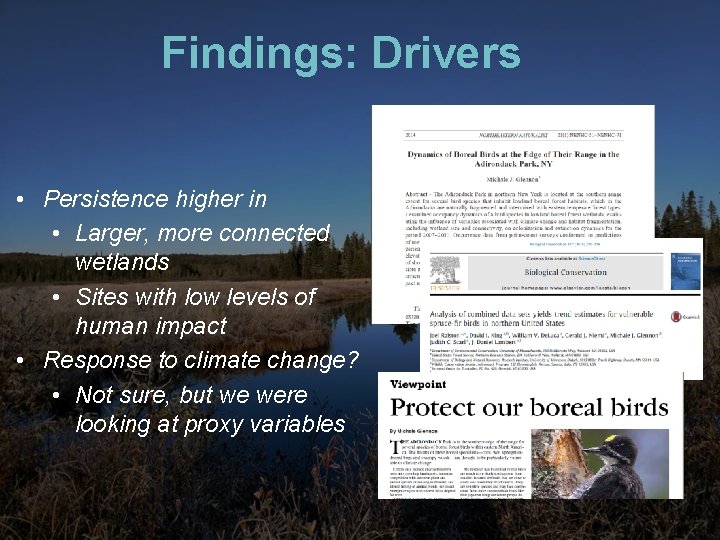 Findings: Drivers • Persistence higher in • Larger, more connected wetlands • Sites with