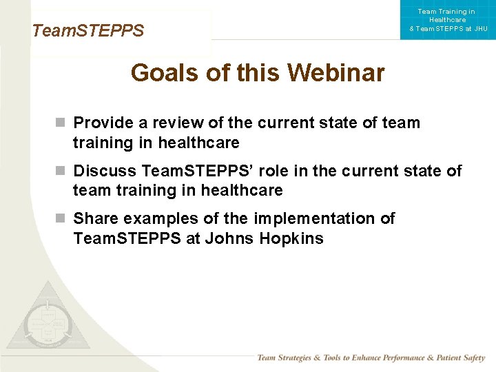 Team Training in Healthcare & Team. STEPPS at JHU Team. STEPPS Goals of this