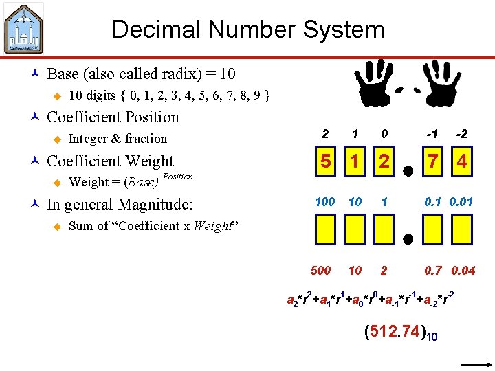 Decimal Number System © Base (also called radix) = 10 u 10 digits {