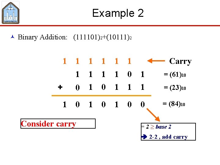 Example 2 © Binary Addition: (111101)2+(10111)2 1 + 1 Carry 1 1 1 1