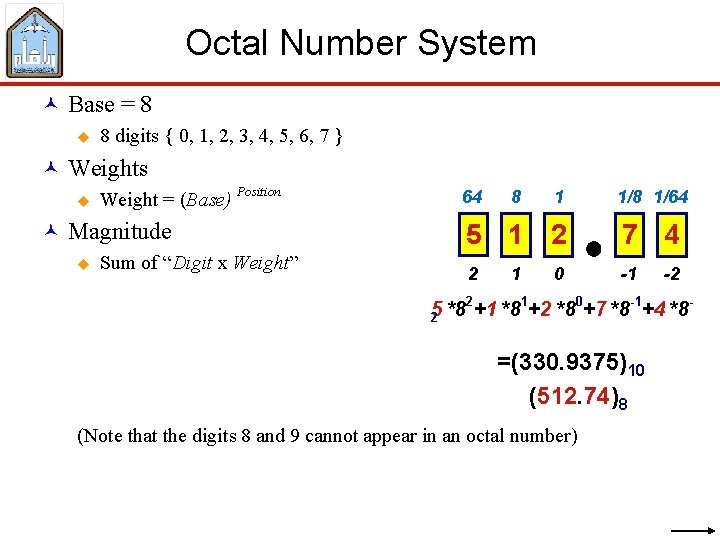 Octal Number System © Base = 8 u 8 digits { 0, 1, 2,