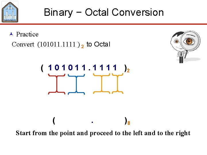 Binary − Octal Conversion © Practice Convert (101011. 1111 ) 2 to Octal (