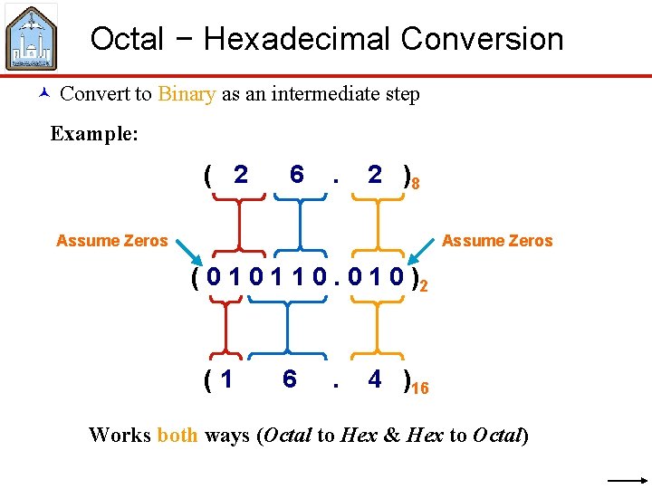 Octal − Hexadecimal Conversion © Convert to Binary as an intermediate step Example: (