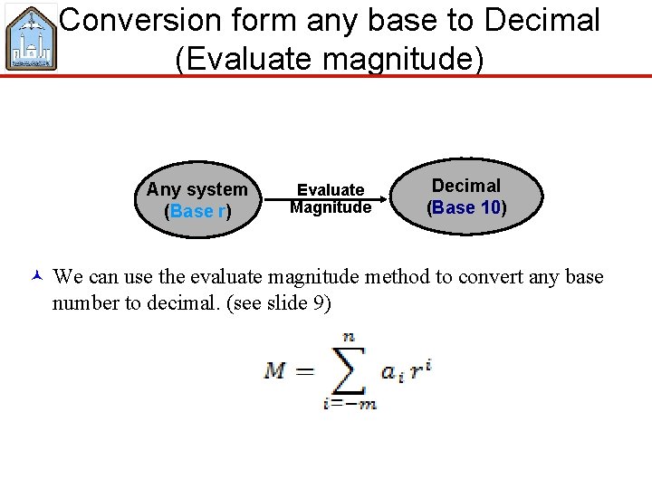 Conversion form any base to Decimal (Evaluate magnitude) Any system (Base r) Evaluate Magnitude