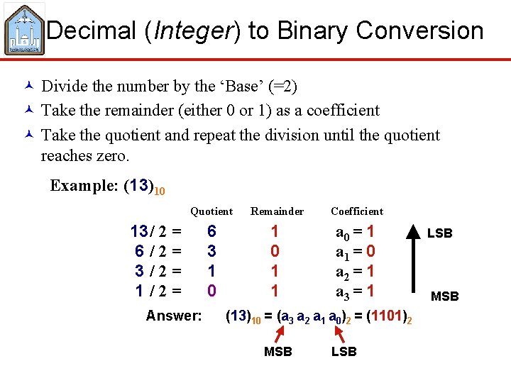 Decimal (Integer) to Binary Conversion © Divide the number by the ‘Base’ (=2) ©