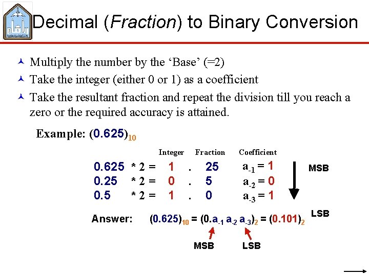 Decimal (Fraction) to Binary Conversion © Multiply the number by the ‘Base’ (=2) ©