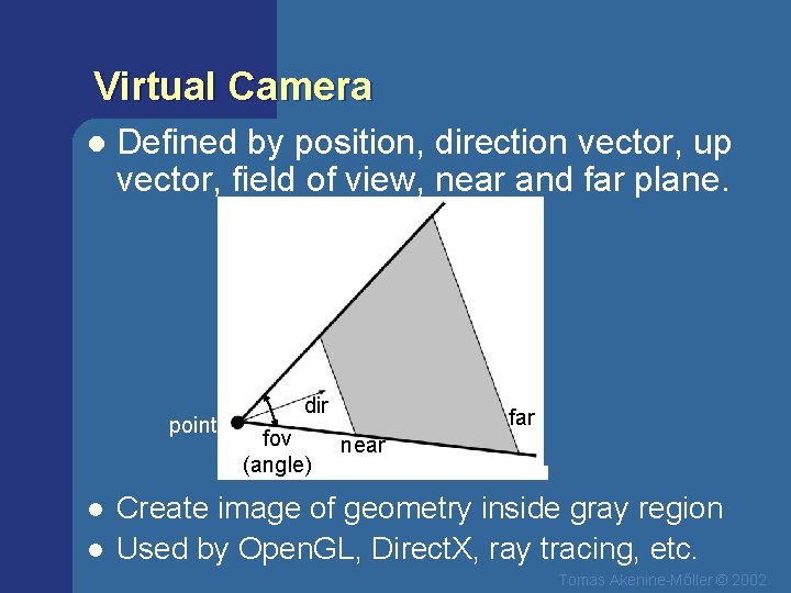 Virtual Camera l Defined by position, direction vector, up vector, field of view, near