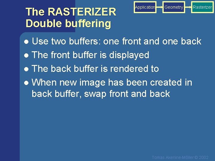 The RASTERIZER Double buffering Application Geometry Rasterizer Use two buffers: one front and one