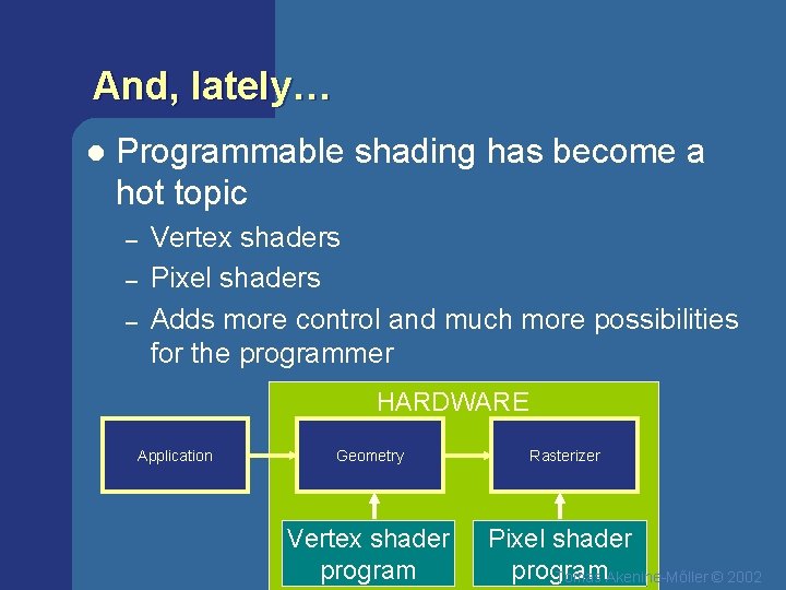 And, lately… l Programmable shading has become a hot topic – – – Vertex