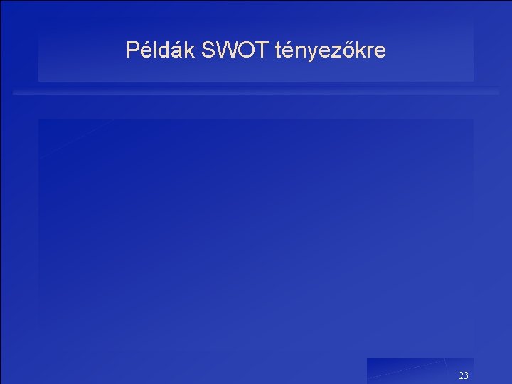 Példák SWOT tényezőkre 23 Példák SWOT tényezőkre 23