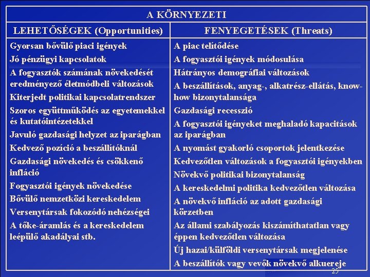 A KÖRNYEZETI LEHETŐSÉGEK (Opportunities) FENYEGETÉSEK (Threats) Gyorsan bővülő piaci igények Jó pénzügyi kapcsolatok A A KÖRNYEZETI LEHETŐSÉGEK (Opportunities) FENYEGETÉSEK (Threats) Gyorsan bővülő piaci igények Jó pénzügyi kapcsolatok A
