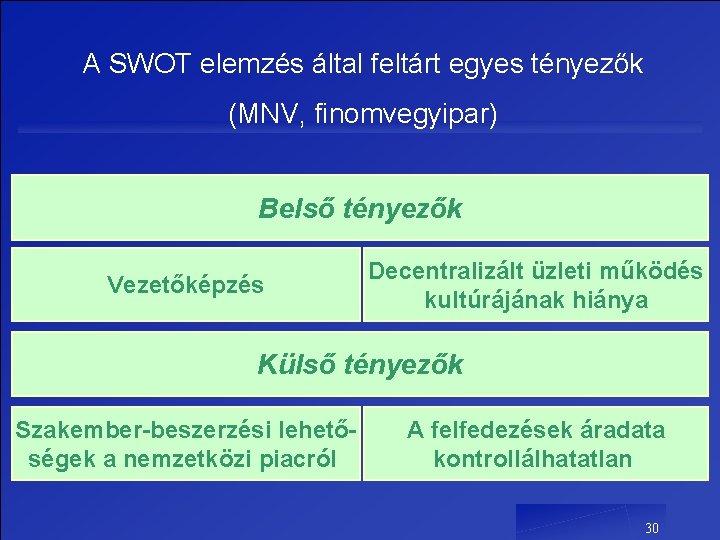 A SWOT elemzés által feltárt egyes tényezők (MNV, finomvegyipar) Belső tényezők Vezetőképzés Decentralizált üzleti A SWOT elemzés által feltárt egyes tényezők (MNV, finomvegyipar) Belső tényezők Vezetőképzés Decentralizált üzleti