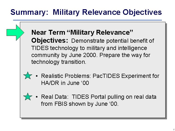 Summary: Military Relevance Objectives Near Term “Military Relevance” Objectives: Demonstrate potential benefit of TIDES