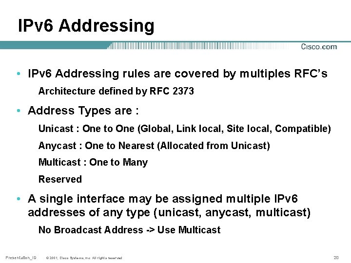 IPv 6 Addressing • IPv 6 Addressing rules are covered by multiples RFC’s Architecture