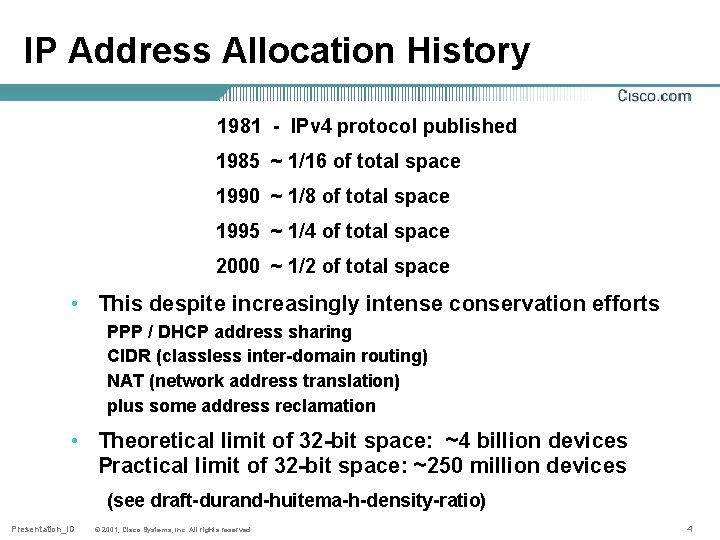 IP Address Allocation History 1981 - IPv 4 protocol published 1985 ~ 1/16 of IP Address Allocation History 1981 - IPv 4 protocol published 1985 ~ 1/16 of