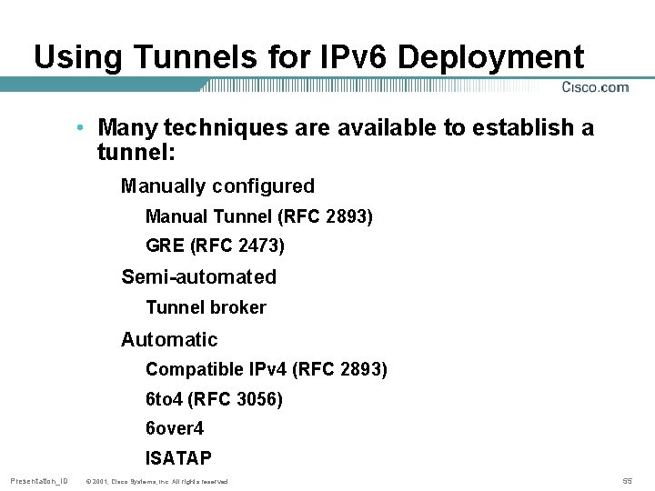 Using Tunnels for IPv 6 Deployment • Many techniques are available to establish a