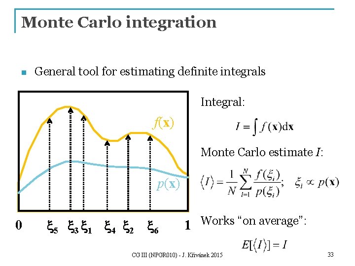 Monte Carlo integration n General tool for estimating definite integrals Integral: f(x) Monte Carlo