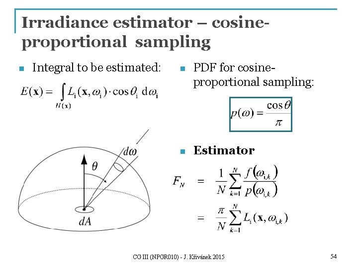 Irradiance estimator – cosineproportional sampling n Integral to be estimated: n PDF for cosineproportional