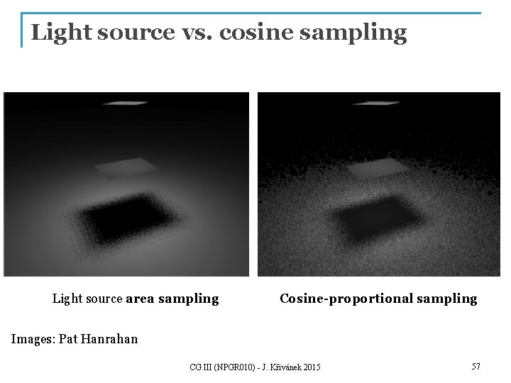 Light source vs. cosine sampling Light source area sampling Cosine-proportional sampling Images: Pat Hanrahan