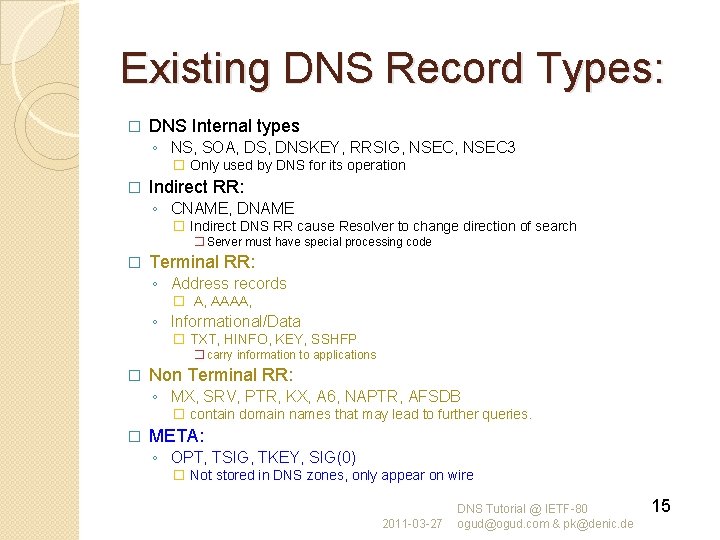 Existing DNS Record Types: � DNS Internal types ◦ NS, SOA, DS, DNSKEY, RRSIG,