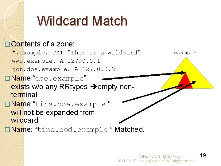 Wildcard Match � Contents of a zone: *. example. TXT "this is a wildcard"