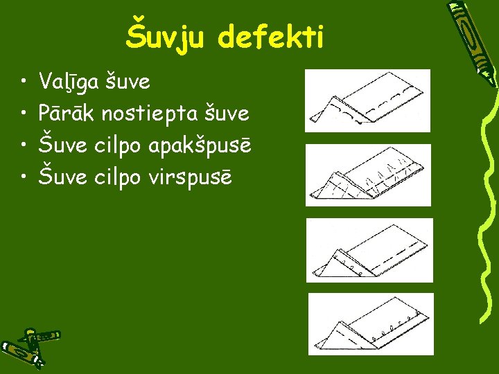 Šuvju defekti • • Vaļīga šuve Pārāk nostiepta šuve Šuve cilpo apakšpusē Šuve cilpo