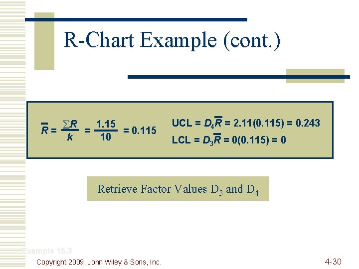 R-Chart Example (cont. ) åR 1. 15 R= = = 0. 115 k 10