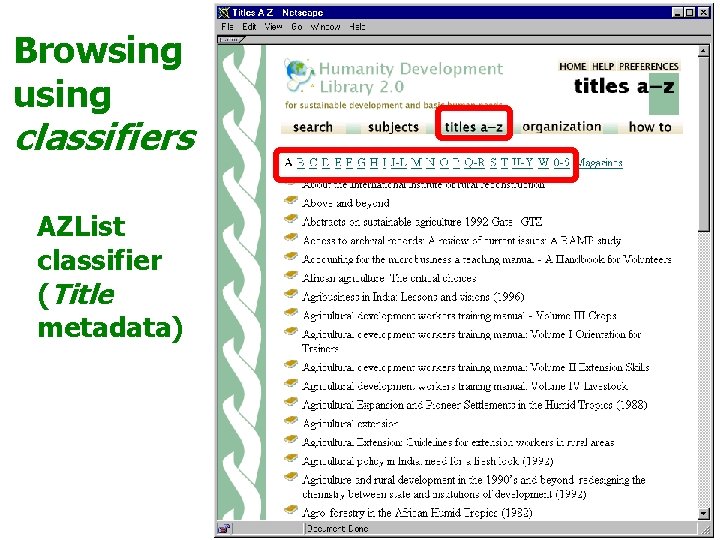 Browsing using classifiers AZList classifier (Title metadata) 
